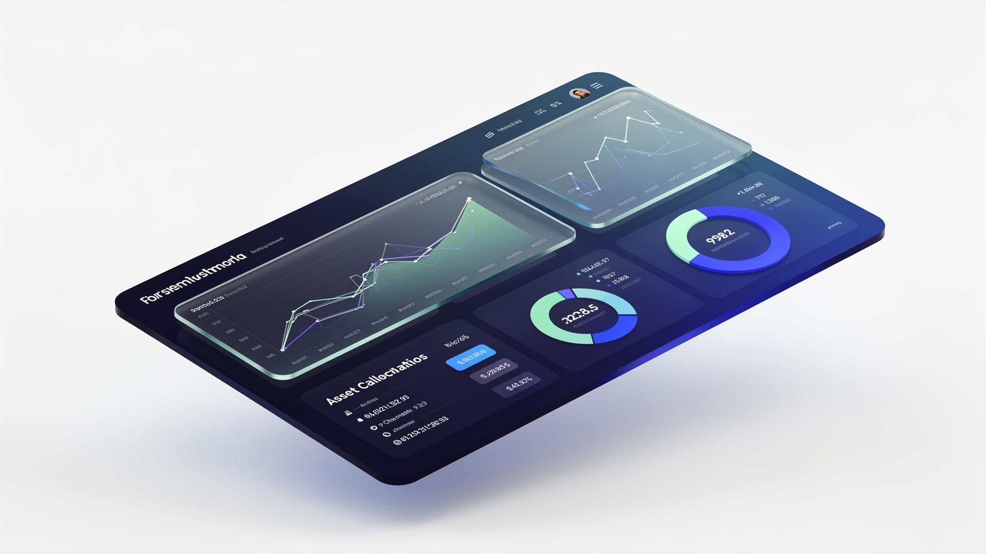 3D investment dashboard with portfolio charts and asset allocation